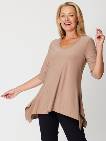 ANDREA VEE NECK MID SLV - Beige - 26355 - Tops