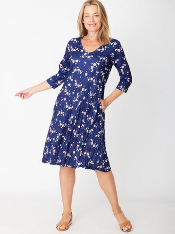 Stella Print 3/4 Sleeve Dress - Navy Ditzy 26613 - Cordelia St