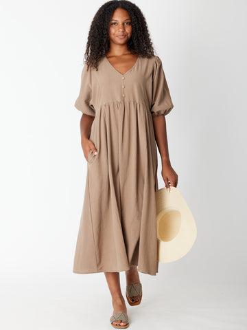 Billow Sleeve Cotton Dress - Latte 27933 - Luna Sky