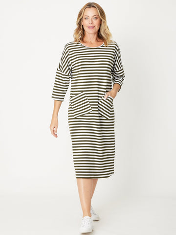 STRIPE TSHIRT POCKET DRESS - KHAKI/WHITE 29015-S - All