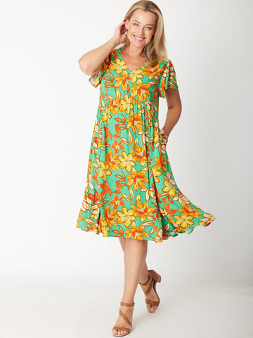 Flounce Sleeve Dress- 30674 Green - Clothes for Senior & Elderly Women