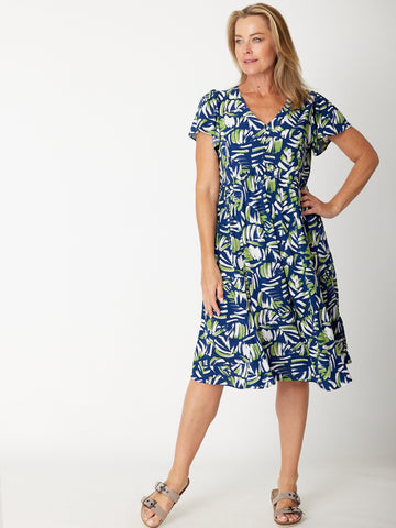 Flounce Sleeve Dress- 30674 Navy/Green - New Arrivals