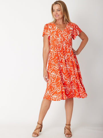 Flounce Sleeve Dress- 30674 Orange - Clothes for Senior & Elderly Women