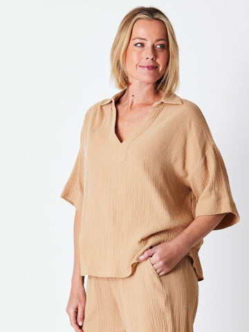 BONDED COLLARED V TOP - WHEAT 29683-sw - 